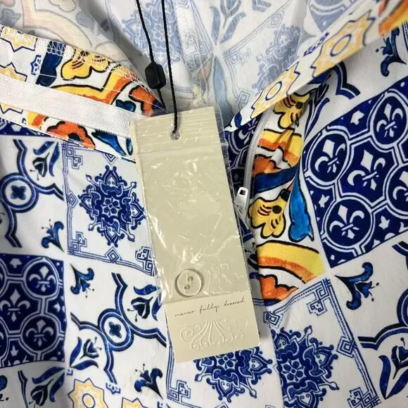 Never Fully Dressed Amalfi Tile Print High Rise Shorts Blue Yellow Boho Size 18 - Picture 7 of 10